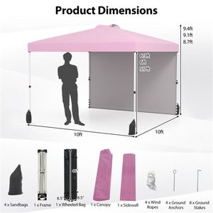 Tenda Pop-up Rosa 3x3 Metri con Borsa con Ruote e 1 Parete Laterale, Riparo Portatile per Esterni - Product Image 3