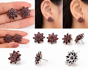 Vintage Flower <b>Stud</b> <b>Earrings</b> Red <b>Crystal</b> Rhinestone Marquise Cut Antique Silver Plated Women's Party Jewelry - Product Image 4