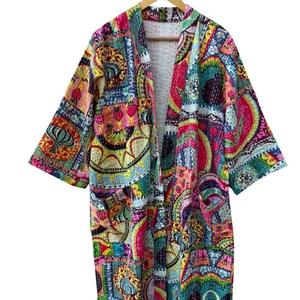 Bata Kimono de Algodón 100% Tejido con Estampado de Dibujos Animados para Mujer, Camisón de Verano Hecho a Mano, Cuello en V, Cintura Elástica, Largo Completo, ODM - Product Image 1