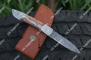 Couteau pliant en acier Damas gravé à la main, OEM/OBM, manche en bois et époxy, lame coulissante à pointe tombante et bord plat, pour camping et EDC – Vente chaude - Product Image 2