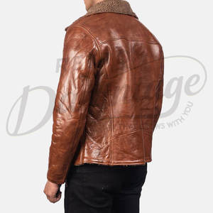Veste en cuir véritable marron pour homme avec col en fourrure Sherpa, veste de motard slim fit chaude pour l'hiver, manteau en cuir décontracté - Product Image 2