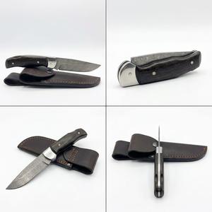 มีดพับเหล็กดามัสกัสทำมือ พร้อมด้ามไม้ คลิปหนีบกระเป๋า และปลอกหนัง - Product Image 3