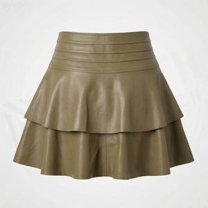 Minifalda de Cuero PU de Cintura Alta para Mujer, Estilo Línea A con Volantes, Color Sólido Satinado, para Todas las Temporadas - Product Image 3