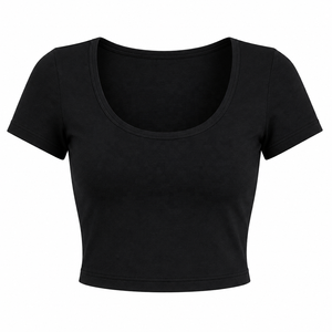 <b>Women's</b> <b>Black</b> Crew Neck <b>Crop</b> <b>Top</b> Short Sleeve Slim Fit Knitted Solid Casual Streetwear Summer Eco-Friendly 100% Cotton - Product Image 1