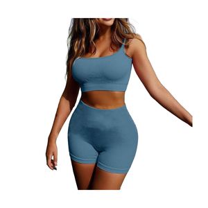 Best Price Women Yoga Set Ribbed Scoop Neck <b>Spaghetti</b> <b>Strap</b> High Waist Shorts 2 Piece Solid Blue Breathable Activewear - Product Image 3