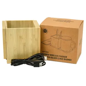 Chargeur sans fil rapide 15W avec chauffe-tasse et porte-stylo, design pliable en bambou - Product Image 3