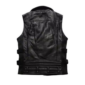 Gilet de moto en cuir véritable pour homme, design à revers avec fermeture éclair diagonale, sans manches, en cuir de vachette, service OEM, respirant - Product Image 3