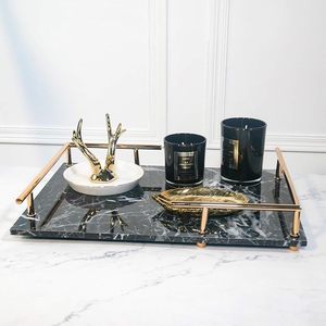 <b>Black</b> Marble Serving Tray with Gold Metal Handles Decorative <b>Vanity</b> Tray Coffee <b>Table</b> Ottoman Kitchen Counter Organizer - Product Image 4
