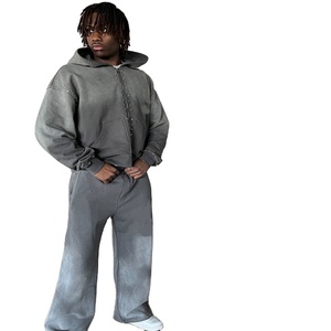 Ensemble de pantalons à capuche surdimensionnés à fermeture éclair pour hommes, imprimé délavé à l'acide, sweat à capuche d'hiver 100% coton avec logo en strass situé à l'avant - Product Image 3