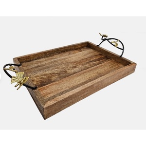 Plateaux de service décoratifs de luxe pour la maison, en bois naturel avec poignées en métal doré - Product Image 2