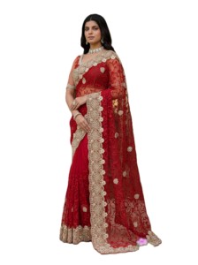 <b>Red</b> Embroidered Saree With Pearl Work For Wedding Women's Indian Ethnic Wear Traditional Floor Length Sari - Product Image 2