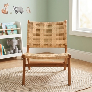 New Modern Minimalist Teak Wood Lounge Chair Natural Rattan Woven Armless Accent Chair Lazy Chair Patio Living Room Furniture - Product Image 4