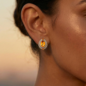 18kt Solid Gold Natural Citrine Gemstone Pear Shape Real Diamonds Cute Anniversary Ear <b>Studs</b> Halo <b>Earrings</b> Gift For Wife - Product Image 2