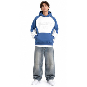 Men's Blue <b>White</b> Color Block Hooded Sweatshirt Raglan Sleeve Oversized Cotton French Terry Casual Autumn Wear Pocket Front Print - Product Image 3