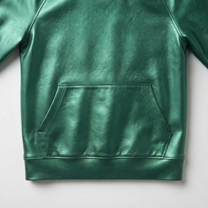 Chaqueta de Cuero Verde con Capucha, Manga Larga, Estilo Casual, Unisex, Color Sólido, con Bolsillos, para Otoño - Product Image 6