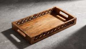 Tabla de servir rectangular artesanal de madera de mango, bandeja decorativa con patrón de celosía abierta y ranuras para colgar. - Product Image 5