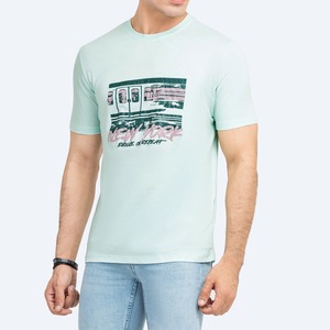 Men's <b>Light</b> Blue Regular Fit 100% Cotton Jersey O-<b>Neck</b> Short Sleeve T-Shirt for Subway Print Casual Breathable Knitted - Product Image 3