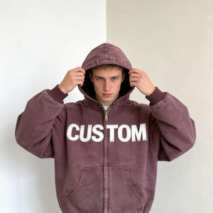 Sweat à capuche zippé oversize vintage bordeaux délavé personnalisé avec imprimé lettres pour homme – Confortable et décontracté style streetwear - Product Image 4