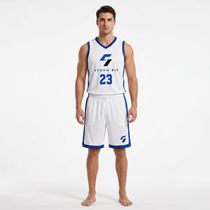 Conjunto de Uniforme de Baloncesto para Hombre Storm Fit, Blanco y Azul, Estampado Sublimado, Sin Mangas, Cuello en V, Jersey Deportivo Transpirable - Product Image 1