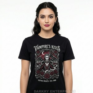 Camiseta de Terror Personalizada para Mujer, Camiseta con Gráfico de Vampiro Gótico, Impresión en Serigrafía, 100% Algodón, Cuello Redondo, Proveedor de Ropa de Moda Alternativa Femenina - Product Image 4