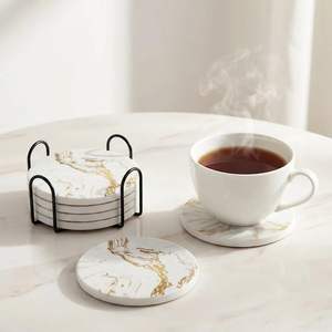 Marble Style <b>Ceramic</b> <b>Coaster</b> with Metal Holder for Tea Coffee & Dining Table Heat Resistant Drink for Home Office - Product Image 5