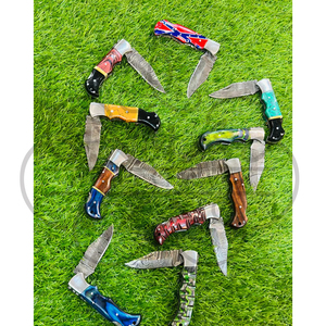 Cuchillo Plegable de Acero de Damasco con Mango de Madera Pakka y Funda de Cuero, ODM OEM, para Bolsillo, EDC, Caza, Camping, Grado Industrial - Product Image 2
