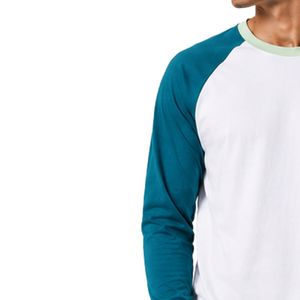<b>White</b> And Teal Blue Raglan Long Sleeve T Shirt Men Premium Cotton Crew Neck Graphic Baseball Tee Custom OEM Streetwear Apparel - Product Image 3