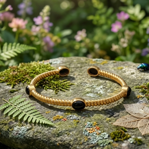 Gold Plated Cuff <b>Bracelet</b> With Black Onyx Stones Classic <b>Adjustable</b> Open Bangle Unisex Jewelry - Product Image 1