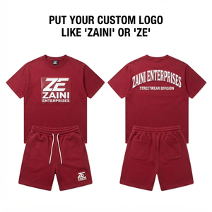 ชุดเสื้อยืดและกางเกงขาสั้นผ้าฝ้ายเฟรนช์เทอร์รี่ 320 GSM สีแดงเบอร์กันดี พิมพ์ลายโลโก้ซิลิโคนแบบกำหนดเอง สไตล์โอเวอร์ไซส์ สตรีทแวร์ - Product Image 1