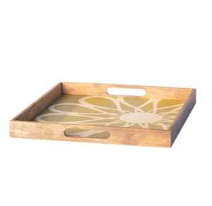 Plateau de service multifonctionnel en bois moderne, rectangulaire, vert olive, motif floral, finition laquée, passe au lave-vaisselle, plateaux de rangement - Product Image 4