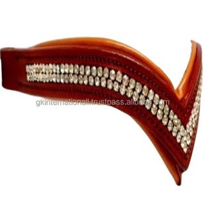 Banda para la frente de caballo de cuero de alta calidad de grano superior Banda para la frente de color tostado en forma de V con cadena de cristal blanco decorativo - Product Image 1