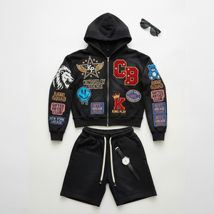 QUICKSHOW <b>Men's</b> Heavyweight 3D Embroidered Streetwear Print Casual Oversized Hoodie <b>Shorts</b> Set 100% Cotton French Terry Quick - Product Image 4