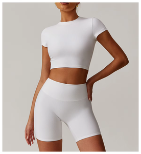 Custom Wholesale Women Round Neck Crop Top & Shorts Set Elastic Cuff Stripe <b>Tight</b> Plain Yoga Fitness Set - Product Image 2