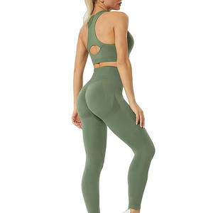 Ensemble de vêtements de sport pour femmes, soutien-gorge de sport vert olive à col en V et dos nu, leggings taille haute, sans couture, respirant, séchage rapide, pour yoga et fitness - Product Image 2