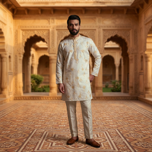 <b>Men</b> Cream Embroidered <b>Kurta</b> Pajama Set Regular Fit Traditional Indian Pakistani Knee-Length Cotton Wedding Wear - Product Image 3