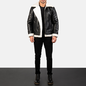 Men's Black Leather Bomber Jacket with Sheep Fur Lining Windproof Winter Moto Style Zipper Closure Regular Fit OEM customized - Product Image 6