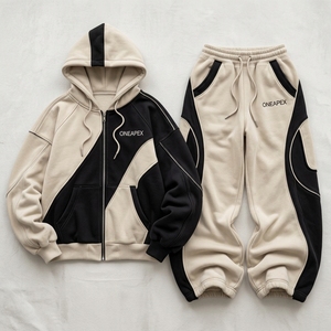 Custom <b>Black</b> Cream Tracksuit Set <b>Womens</b> Oversized Zip Hoodie Cargo Jogger Pants Contrast Panels Premium Streetwear OEM Wholesale - Product Image 5