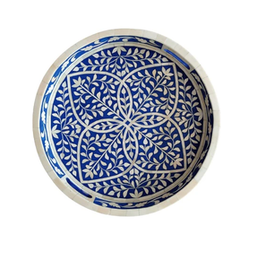 Plateau de service en os incrusté, forme ronde, motif feuille, couleur bleu classique, incrustation décorative en os, vente chaude - Product Image 1