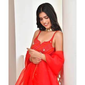 Ensemble de lehenga sans manches rouge aux couleurs des baies - Product Image 4