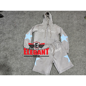 Acid Washed Hoodie Shorts Set custom logo Distressed Embroidery Street Wear <b>tracksuits</b> for men's summer Shorts Sets - Product Image 4