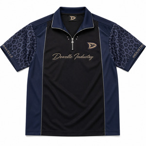 Camiseta Polo con Cierre para Hombre, Estilo Y2K, Manga con Estampado de Leopardo Color Zafiro Oscuro, Camiseta Retro de Moda con Detalles Plateados - Product Image 1