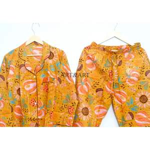 Conjunto de pijamas para mujer con estampado de frutas, elegante y hermoso, hecho a mano, 100% algodón, cintura elástica, floral, manga larga, largo completo - Product Image 6