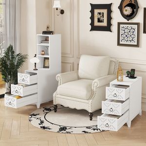 Tavolino Angolare Alto Bianco con 2 Ripiani Aperti e 3 Cassetti, Elegante Comodino per Camera da Letto, Data di Arrivo Prevista - Product Image 4