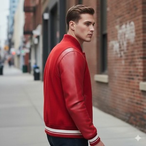 Blouson aviateur en cuir de vachette rouge et laine pour homme, style classique MCM, MCM - Product Image 2