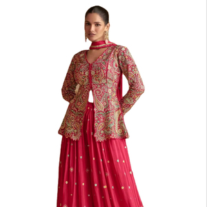 Lehenga Choli Rojo Tradicional Indio de Diseñador, de Última Moda, Cosido, para Novias y Fiestas, de Chinon, Corte Ajustado, Directo, el Más Vendido - Product Image 1
