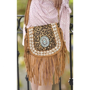 LW Handmade Brown Leather Saddle Bag <b>Unique</b> Leopard Cow Print Western Fringe Purse with Single Strap Vintage Dress Lady Style - Product Image 1