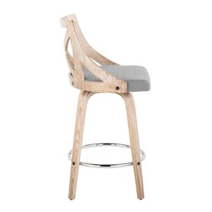 Sgabello da bancone Charlotte 26 pollici a altezza fissa, in legno bianco anticato, tessuto grigio chiaro, metallo cromato, stile rustico, per sala da pranzo - Product Image 3