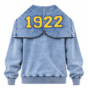 เสื้อฮู้ดยูนิเซ็กซ์สีน้ำเงินเดนิม รุ่น 1922 ปักลายตราสัญลักษณ์ ล้างสีแบบแอซิดวอช มีกระเป๋าจิงโจ้ สไตล์ลำลอง เสื้อผ้ากรีก - Product Image 6