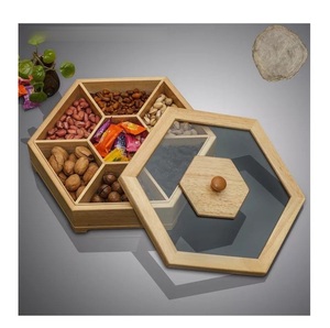 Hexagonal Wooden Serving <b>Tray</b> with Glass Lid Geometric Pattern <b>Storage</b> for Nuts and Candies Household Use - Product Image 1