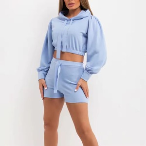 Women's Winter Knitted Crop Pullover Hoodie and Shorts Set Custom Made Women Casual Hoodie Short Sets Front For Sale - Product Image 3